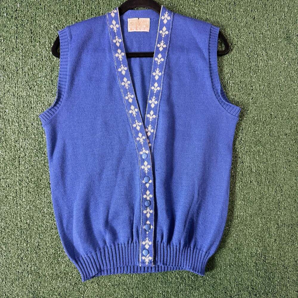 Vintage Pendleton 100% Virgin Wool Blue Sweater Vest with Fleur-de-Lis Trim